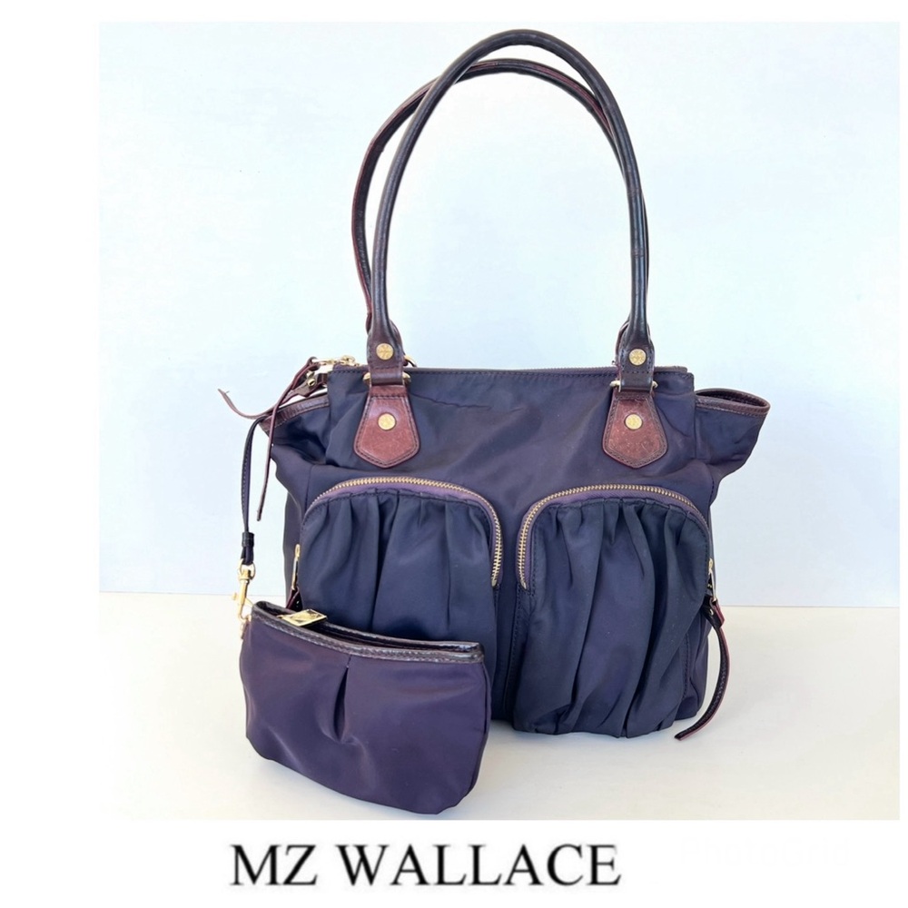 MZ WALLACE Jane Purple Nylon Leather Pouch Top Handle Pockets Shoulder Bag Tote
